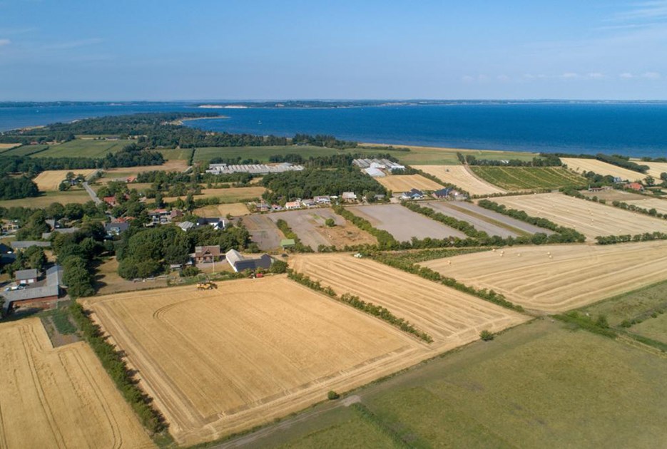 Dronefotos af Lundø - landbrugsjord og fjord i baggrund. Fotograf: Thomas Køser